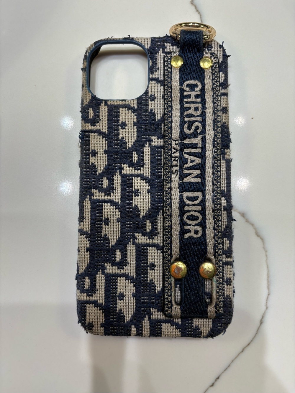 Dior Blue and Cream Jacquard Phone Case with Wrist Strap